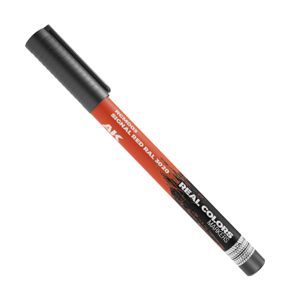 Signal Red RAL 3020 RC Marker by AK Interactive, fast-drying acrylic paint pen with a matte finish for detailing miniatures, models, and crafting projects.