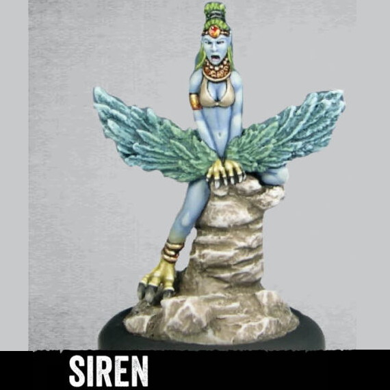 Siren by Crooked Dice, a 28mm scale metal miniatures depicting a female mythical creature sat upon a rock with the body of a woman, wings, long hair tied back and bird claws for hands and feet 