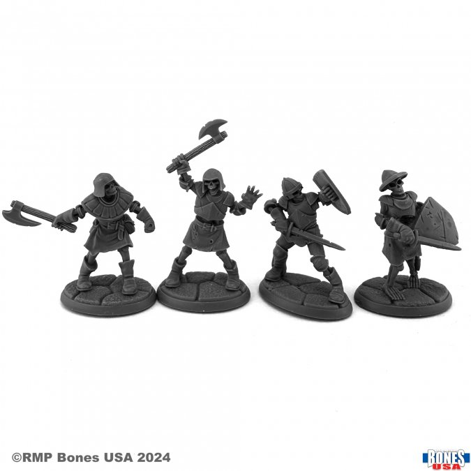 A pack of four unpainted Skeleton Guardians II miniatures from Bones USA. Features undead warriors with armour, shields, and weapons on integral bases.