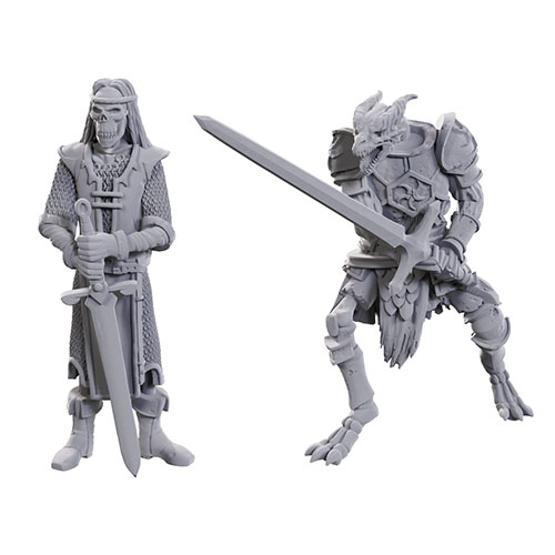 Two 25mm unpainted D&D Nolzur's Marvelous Miniatures 50th Anniversary Skeleton Knights figures, featuring dynamic poses with swords. Supplied unpainted