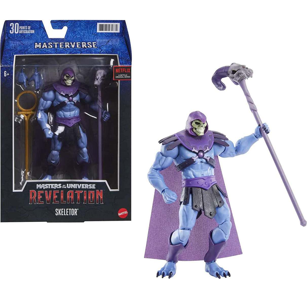 Packaging of Mattel’s Masters of the Universe Revelation Skeletor, featuring battle staff, articulated design with 30 points, and interchangeable hands