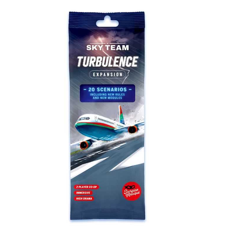Sky Team: Turbulence Expansion. Packaging of 'Turbulence' expansion for 'Sky Team' game with airplane illustration.