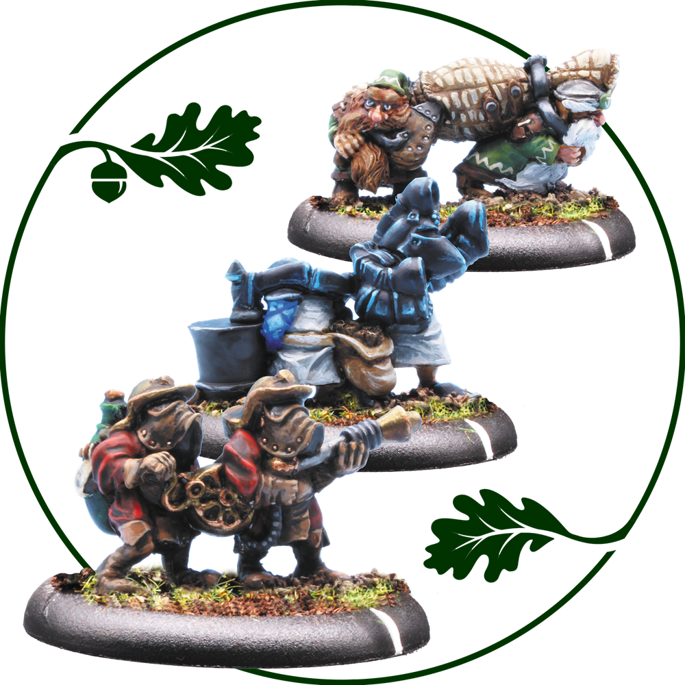 Three painted fantasy workers arranged diagonally on round bases with textured grass, isolated on a white background with a green circular leaf motif. Skyfolk Guild Weapon Teams by Oakbound Studio