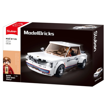 Sluban ModelBricks brick car packaging with a white car illustration on a black background. Sluban 2002s Classic Car 