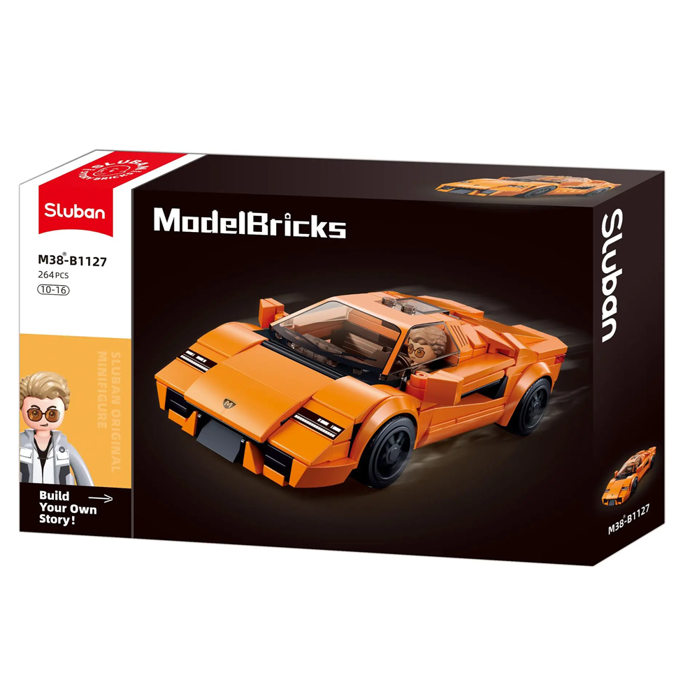 Sluban 2020 Sports Car Building Brick Kit with Minifigure. Orange sports car made from building bricks 