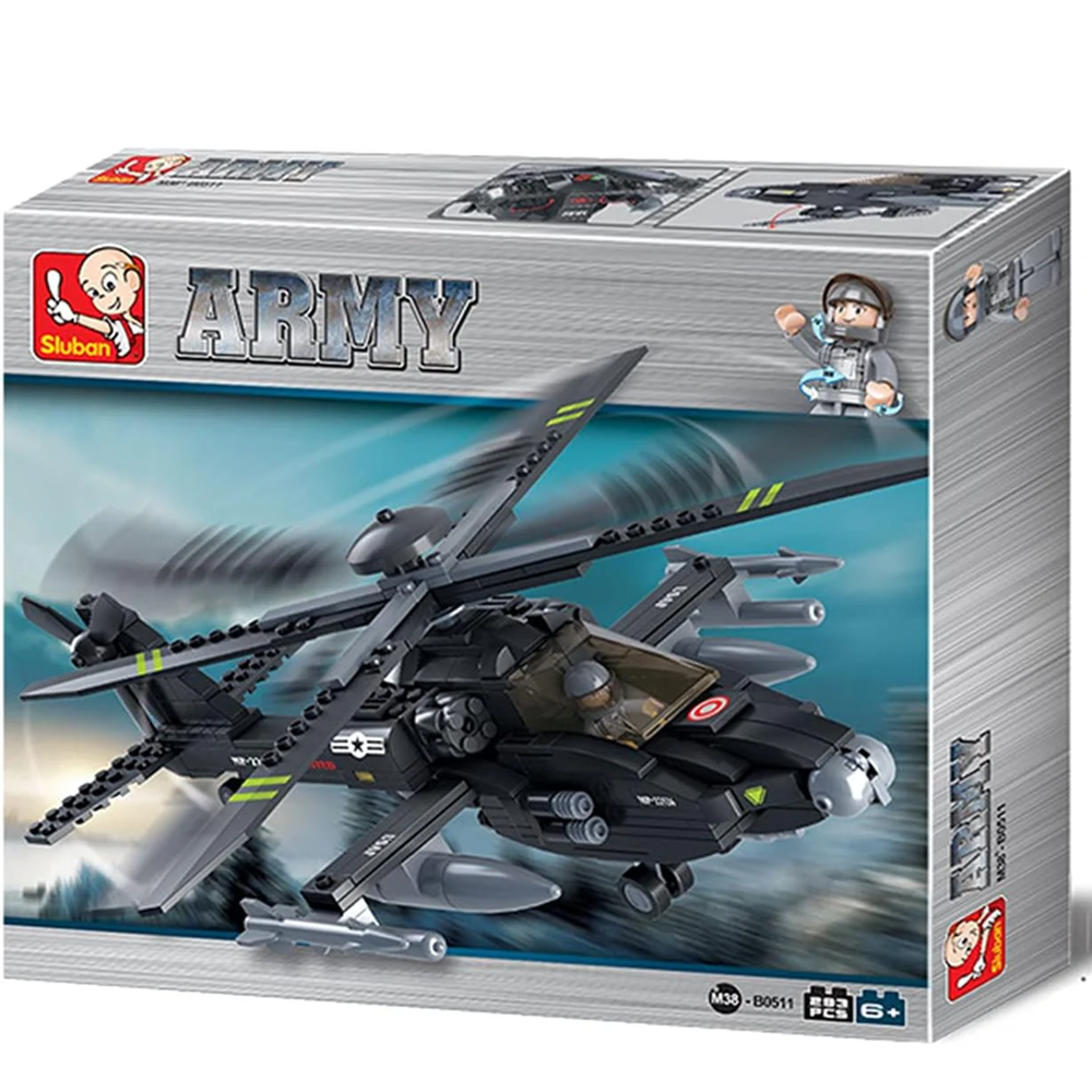 Toy helicopter set in its packaging with 'Army' branding on a white background. Sluban AH-64 Apache Helicopter