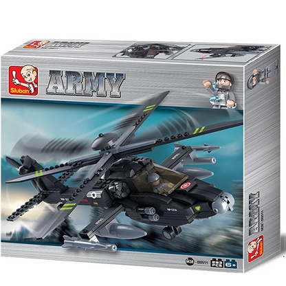 Toy helicopter set in its packaging with 'Army' branding on a white background. Sluban AH-64 Apache Helicopter