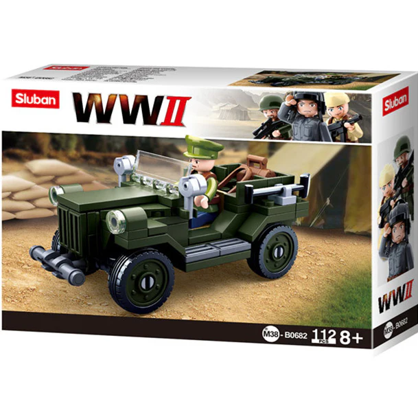 Sluban WW II toy set packaging with military vehicle and figures. Sluban Allied Field Jeep WW2 Building Brick Kit
