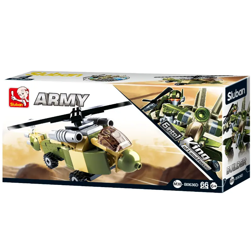 Stuban Army King Cobra 100360 toy building block set in its original retail packaging, featuring a green and silver military helicopter model. Sluban Army Aircraft 4 King of Land Force Building Brick Kit