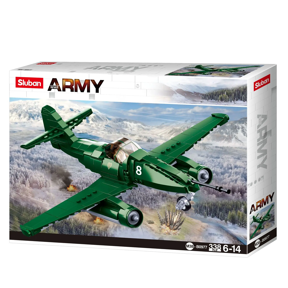 Sluban Army toy airplane set packaging with a green airplane on a scenic background. Sluban Battle of Budapest ME-262 Fighter building brick kit