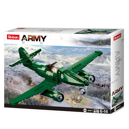Sluban Army toy airplane set packaging with a green airplane on a scenic background. Sluban Battle of Budapest ME-262 Fighter building brick kit