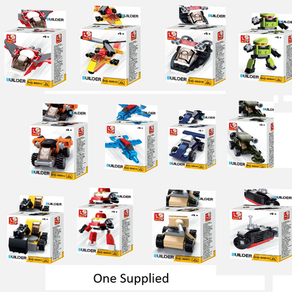 A grid of 15 toy building block sets in their retail packaging, featuring various robot and vehicle figures on a white background with the text 'One Supplied' at the bottom. Sluban Builder mini building brick kit one random design