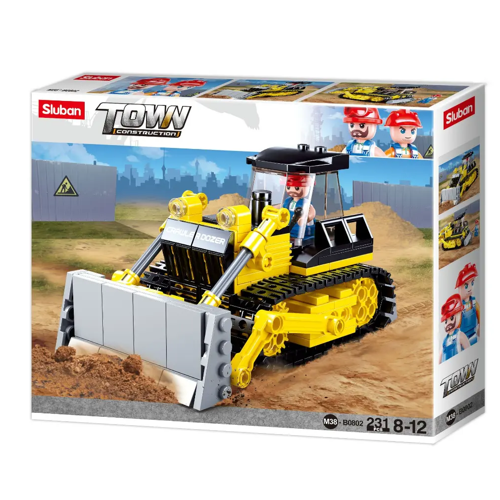 Sluban Town Construction toy set packaging with bulldozer model. Sluban Bulldozer Town Construction Building Brick Kit