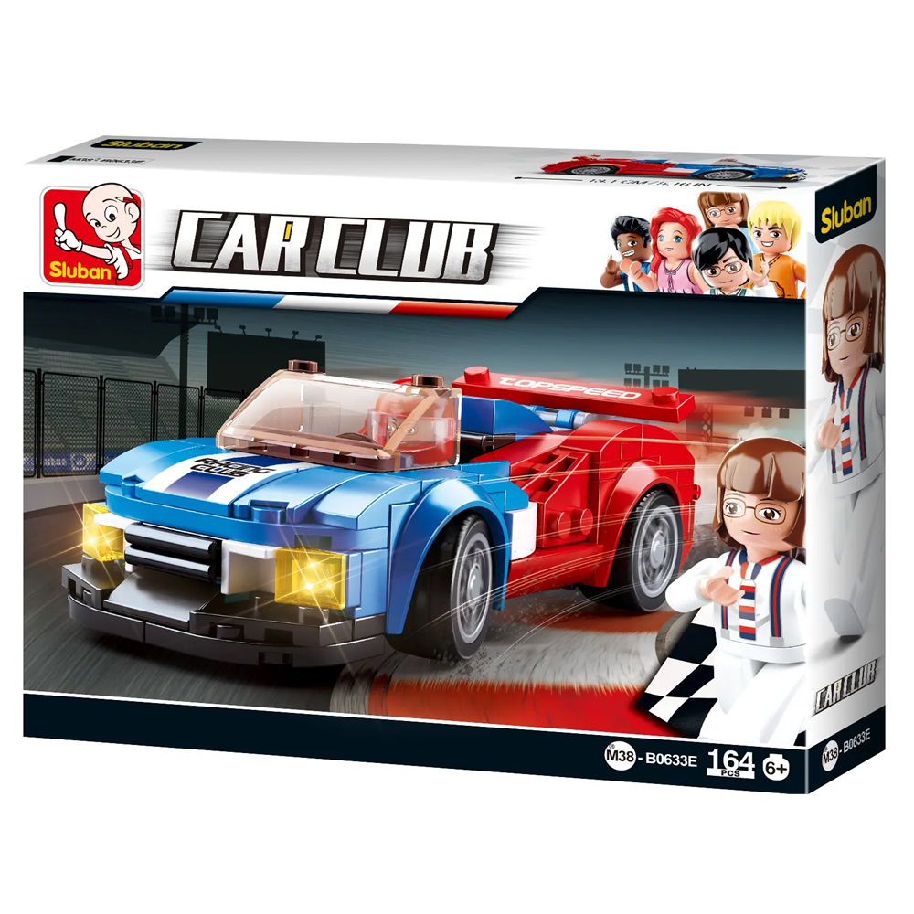 Toy car set packaging with a race car model and character figures on a white background. Sluban Butterfly Car  Car Club Building Brick Kit