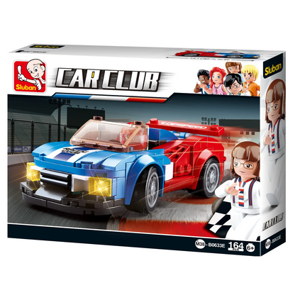 Toy car set packaging with a race car model and character figures on a white background. Sluban Butterfly Car  Car Club Building Brick Kit