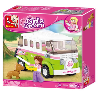 Sluban Girl's Dream toy set packaging with a camper van and girl figure on a pink background. Sluban Camper Van Girls Dream Building Brick Kit