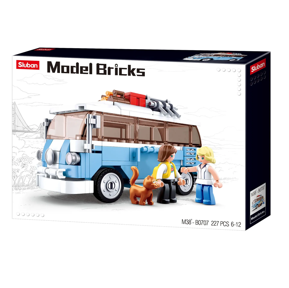 Sluban Model Bricks packaging with a blue van, people, and a dog on a white background. Sluban Campervan Building Brick Kit