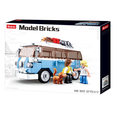Sluban Model Bricks packaging with a blue van, people, and a dog on a white background. Sluban Campervan Building Brick Kit