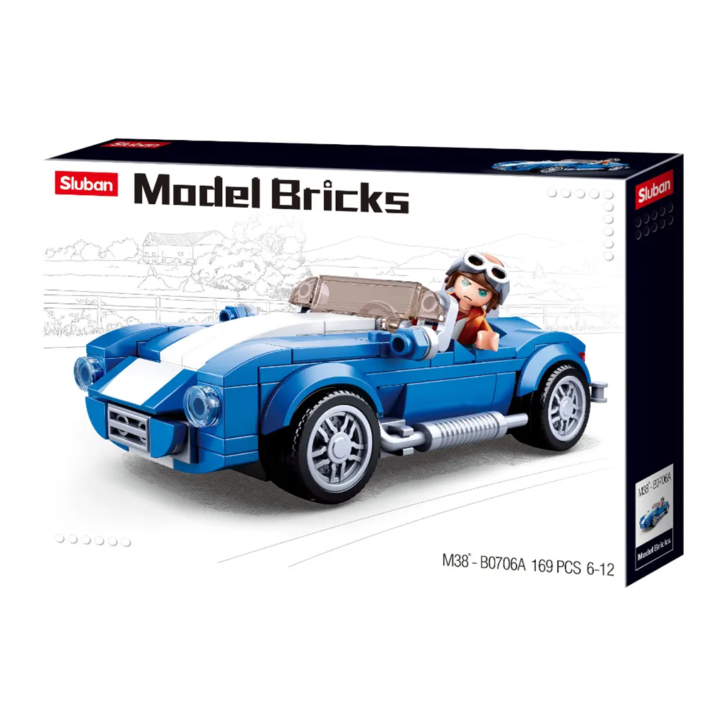 Sluban Model Bricks packaging with a blue car and person figure on a white background. Sluban Cobra Car