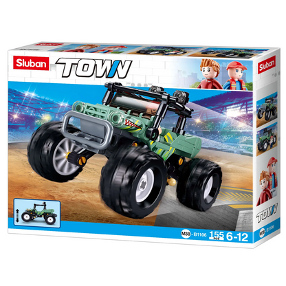 Sluban toy truck packaging with a green monster truck on a white background. Sluban Crocodile Off Road Vehicle