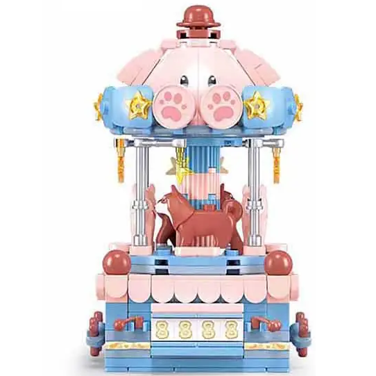 Toy structure resembling a cotton candy stand made from building blocks on a white background. Sluban Doggy Carousel Brick Kit
