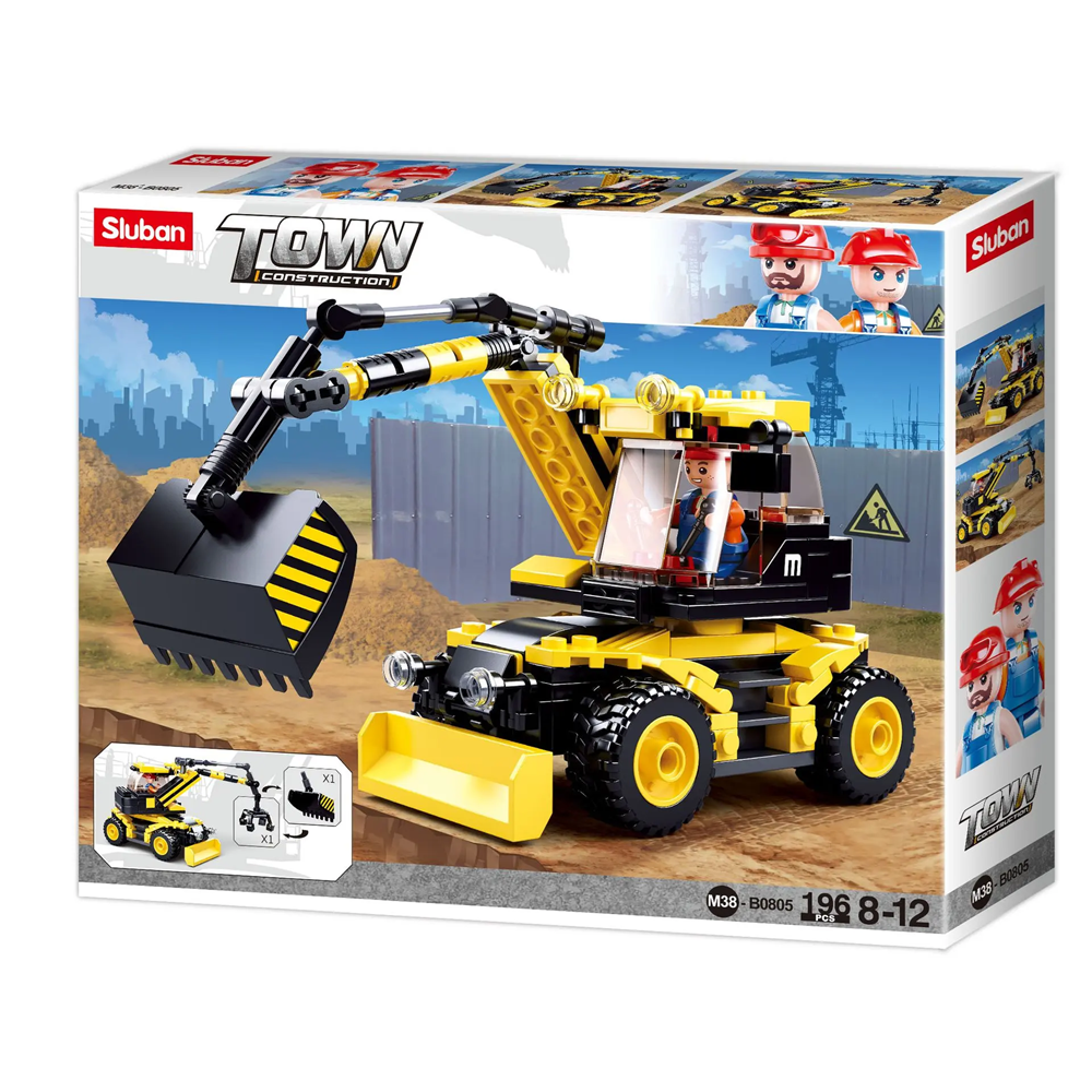 Sluban Town Construction toy set packaging with excavator model. Sluban Excavator Town Construction Building Brick Kit