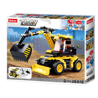 Sluban Town Construction toy set packaging with excavator model. Sluban Excavator Town Construction Building Brick Kit