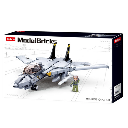 ModelBricks fighter jet set packaging with a figure on a white background. Sluban F14 Fighter Plane