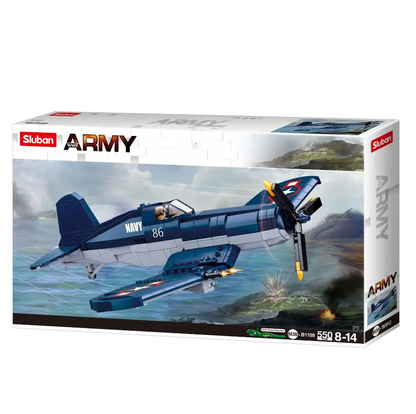 Sluban Army toy airplane set packaging with an airplane on a runway. Sluban F4U Fighter Plane - WW2 Army Building Brick Kit