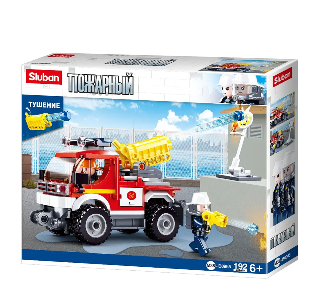 Sluban fire truck toy set packaging with fire truck and firefighter figure on a white background. Sluban Fire Engine Put Out Fires  Building Brick Kit