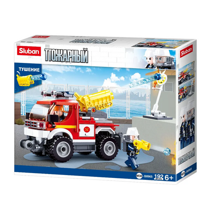 Sluban fire truck toy set packaging with fire truck and firefighter figure on a white background. Sluban Fire Engine Put Out Fires  Building Brick Kit