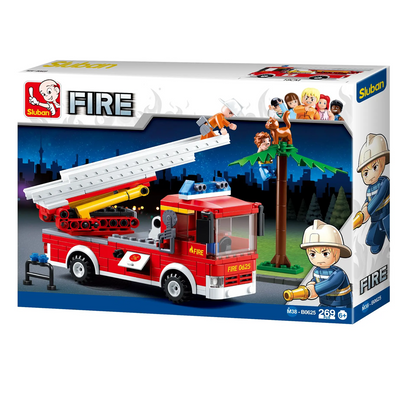 Sluban fire truck building set packaging with characters and ladder. Sluban Fire Truck - Building Brick Kit