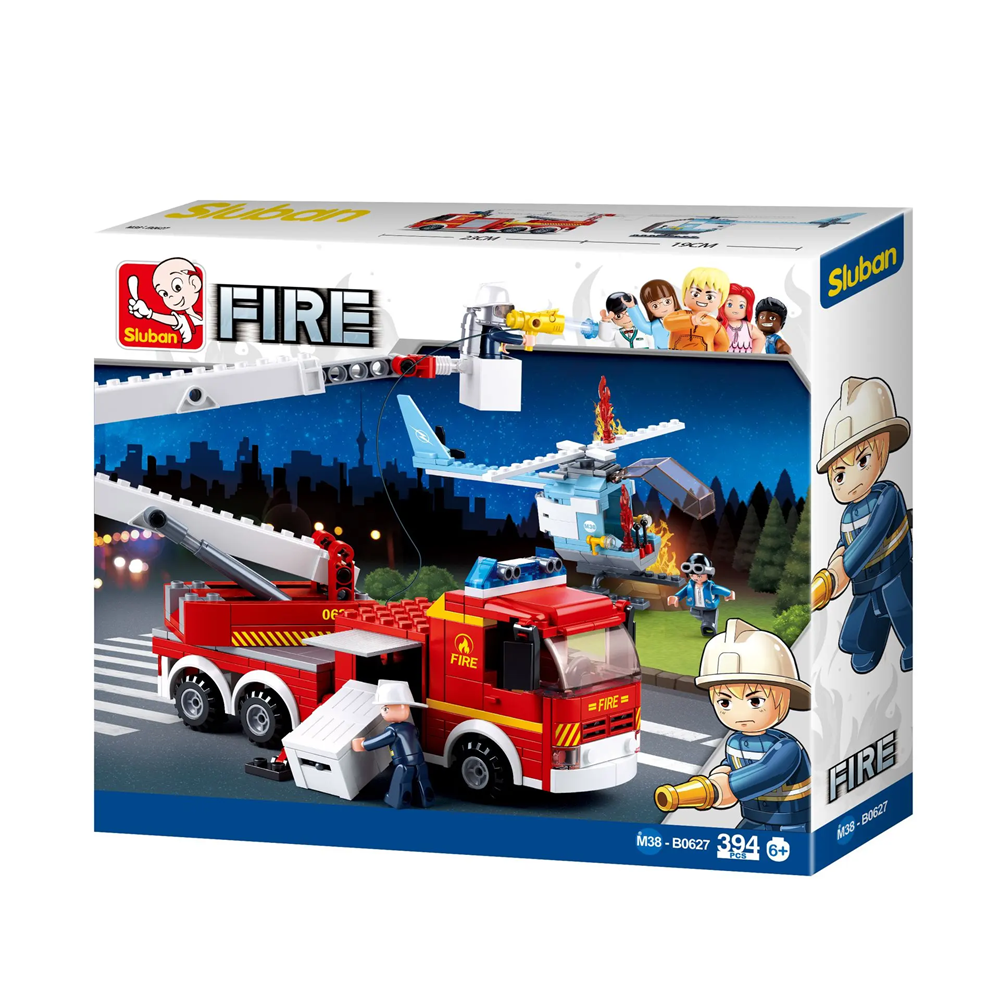 Sluban fire truck and helicopter toy set packaging on a white background. Sluban Fire Truck & Fire Helicopter - Building Brick Kit