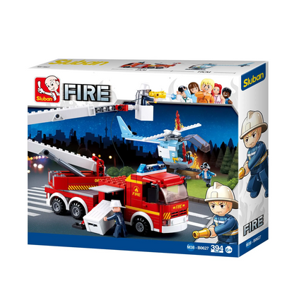 Sluban fire truck and helicopter toy set packaging on a white background. Sluban Fire Truck & Fire Helicopter - Building Brick Kit