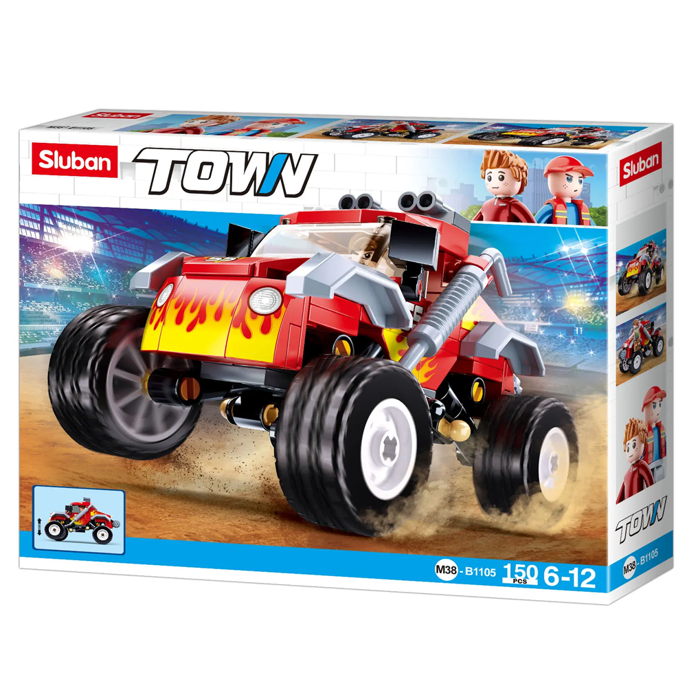Toy monster truck set in a 'Sluban Town' packaging on a white background. Sluban Flames Off Road Vehicle - Town Building Brick Kit