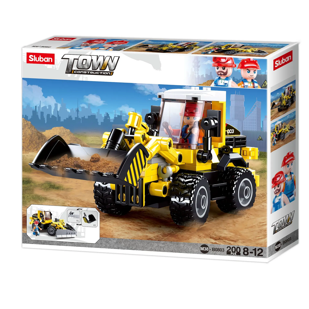 Sluban Town Construction toy set packaging with bulldozer model. Sluban Forklift Town Construction Building Brick Kit