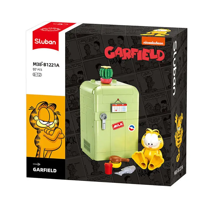 Sluban Garfield brick set packaging with a green container and small figure on a black background with Garfield branding.