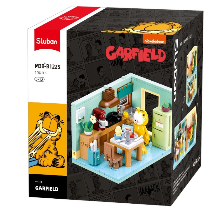 Sluban Garfield building block set box, model M38-B1225, featuring 194 pieces. The packaging displays cartoon illustrations of Garfield and a detailed 3D rendering of his kitchen interior. Sluban Garfield Kitchen 194 piece brick building kit with Garfield figure and kitchen accessories