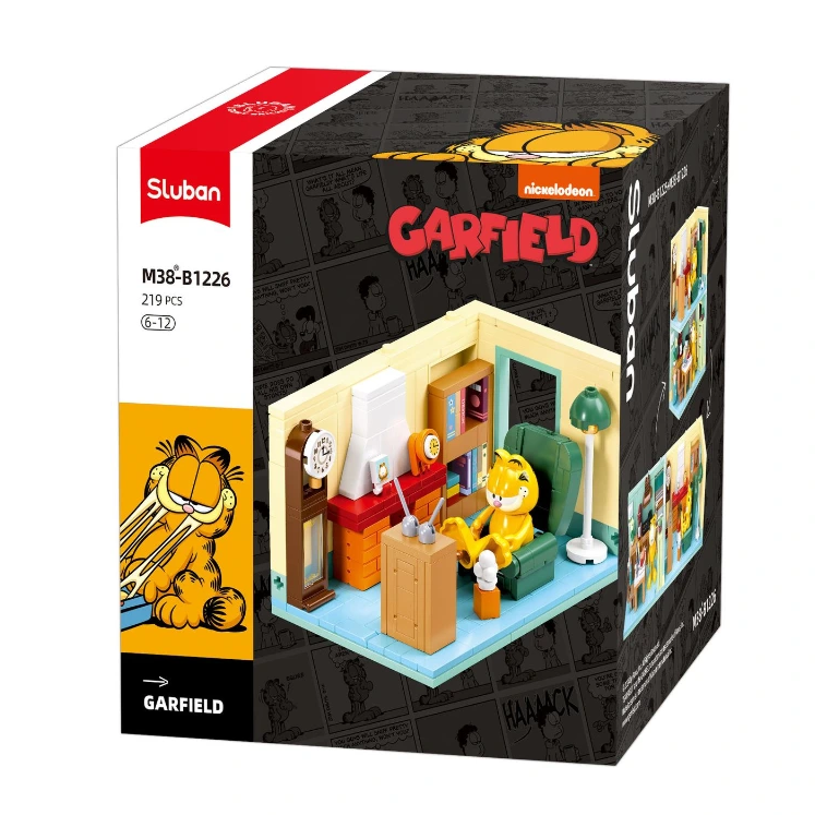 Sluban Garfield building block set box, model M38-B1226, featuring 219 pieces for ages 6-12. The packaging displays a detailed 3D rendering of the completed toy set showing Garfield in his living room, alongside character illustrations of Garfield and a white panel with the Sluban brand logo. Sluban Garfield Living Room 219 piece brick building kit with Garfield in armchair