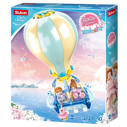 Sluban toy set packaging with a hot air balloon and two dolls on a colourful background. Sluban Hot Air Balloon - Girls Dream Building Brick Kit