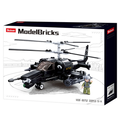 ModelBricks helicopter set packaging with a black and white helicopter illustration on a white background. KA-52S Black Shark Gunship Helicopter