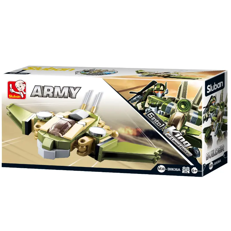 A boxed toy building block set labelled ARMY and Skibom, showing a green and tan military vehicle model on the front of the packaging against a plain white background. Sluban King of Land Force Aircraft 1 Army building brick kit