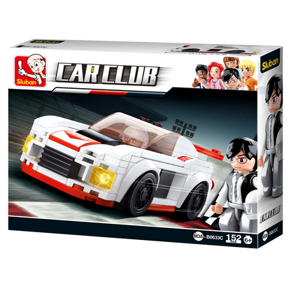 Brick car set packaging with a race car and figures on a white background. Sluban Knight Car - Car Club Building Brick Kit