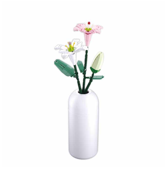 White vase with artificial flowers on a white background. Sluban Lily 