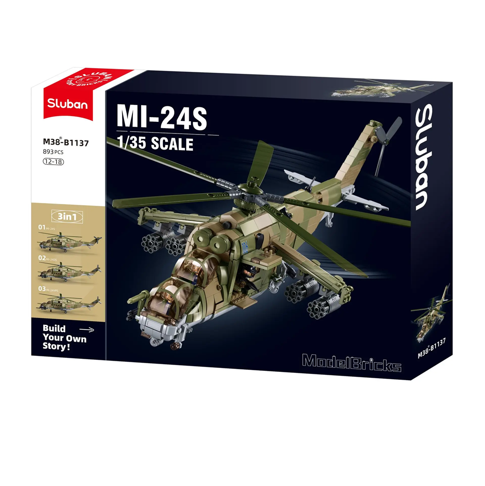 Boxed model kit of a Mi-24S helicopter by Sluban on a white background. Sluban MI-24S Gunship 3-in-1