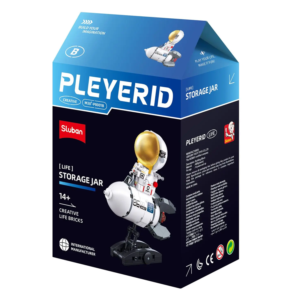 Pleyerid Sluban Life Storage Jar building block set in its original retail packaging, featuring a blue and black box with an illustration of the assembled model. Sluban Maro Astronaut Life Piggy Bank - PLEYERID Building Brick Kit