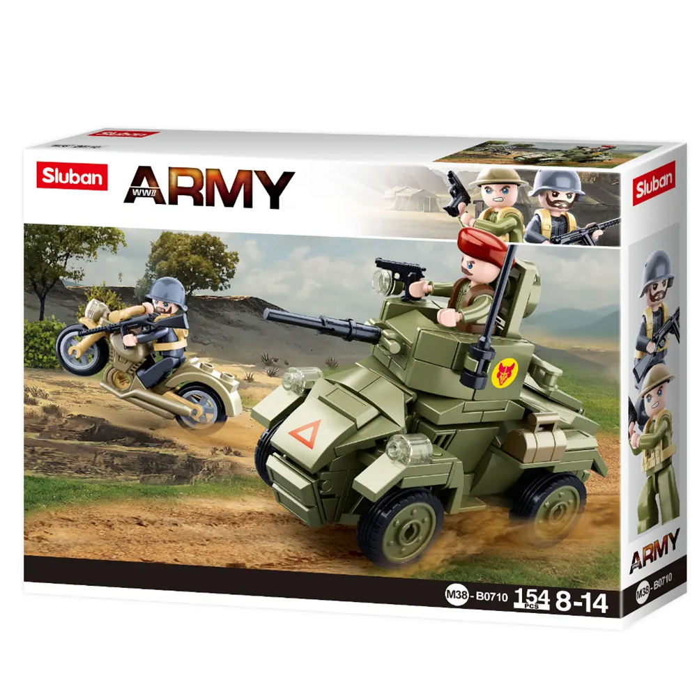 Sluban Army toy set packaging with military vehicle and figures on a white background. Sluban Mk2 Wheeled Armoured Vehicle WW2 Army Building Brick Kit