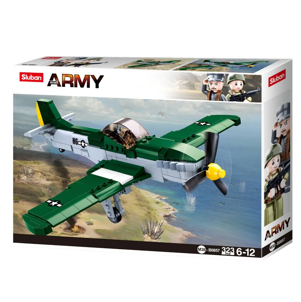 Sluban Army toy airplane set packaging with soldiers on a white background. Sluban WW2 Army Mustang US Air Force Fighter Plane Building Brick Kit with Minifigure