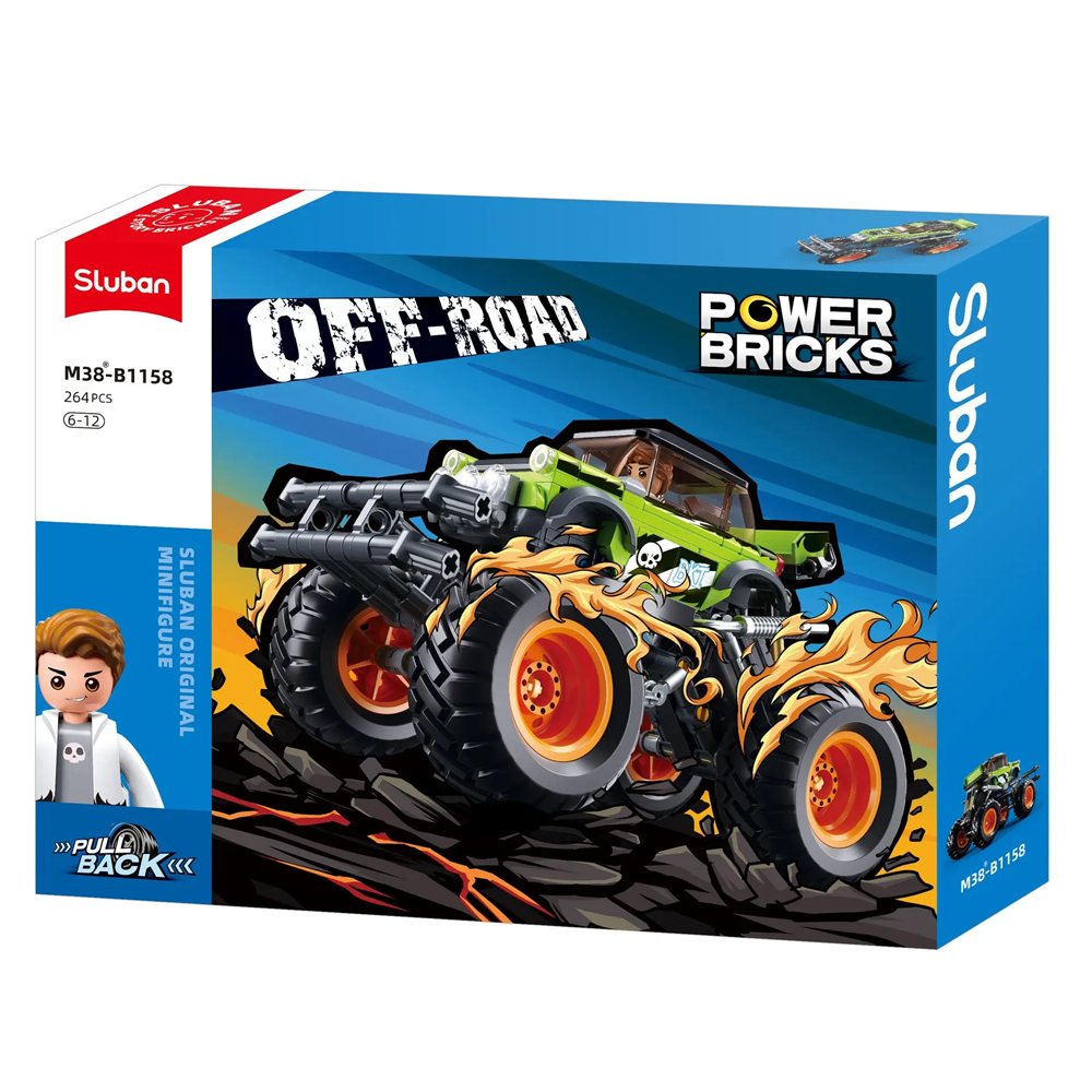 Sluban Power Bricks off-road vehicle toy set packaging on a white background. Sluban Off Road Green Monster Truck Building Brick Kit