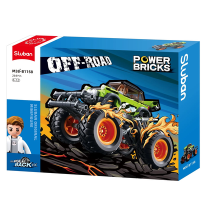 Sluban Power Bricks off-road vehicle toy set packaging on a white background. Sluban Off Road Green Monster Truck Building Brick Kit